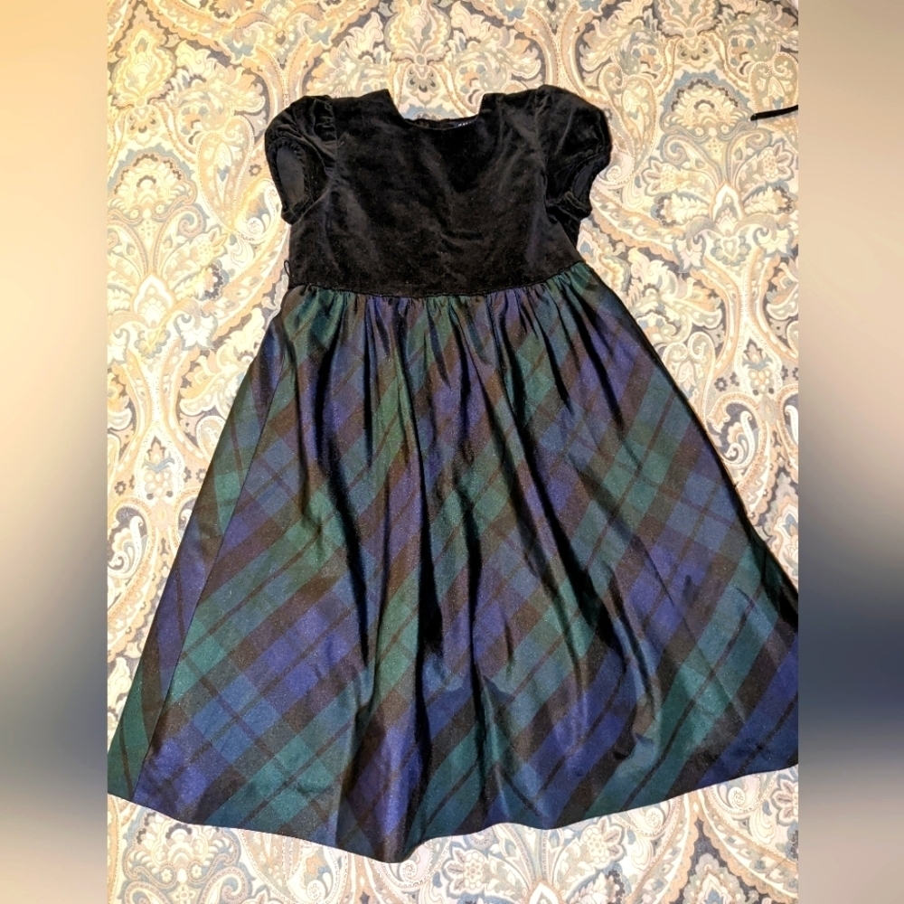 Chaps Holiday dress Black velor and blue and green plaid. Short sleeve
